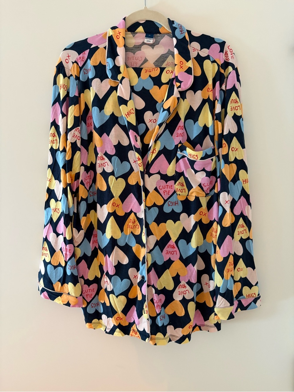 Heart-Print Navy Pajama Set- Multi-Color Hearts; Top and Pants